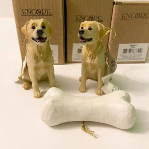 Russ Berrie Lot of  3 Encore Christmas Ornaments Yellow Labrador and Bone